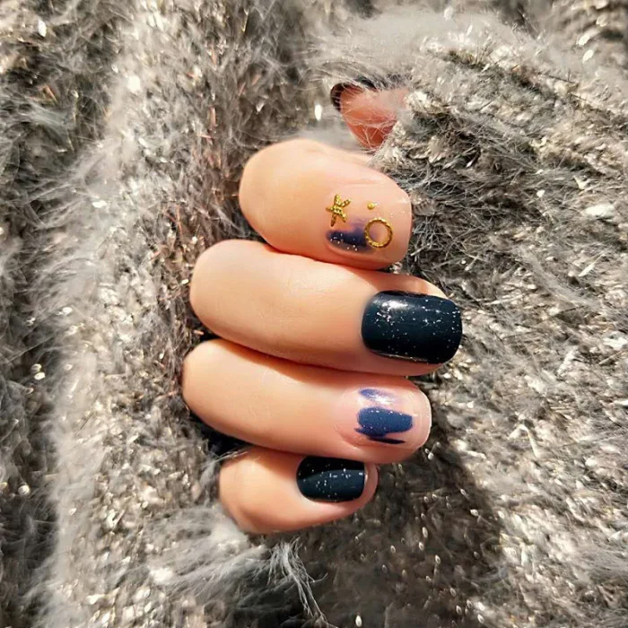 24pcs Imitation Fake Nails Nail Art Nail Care 3D Fake Nails Blue Star Sky Diamond HB88