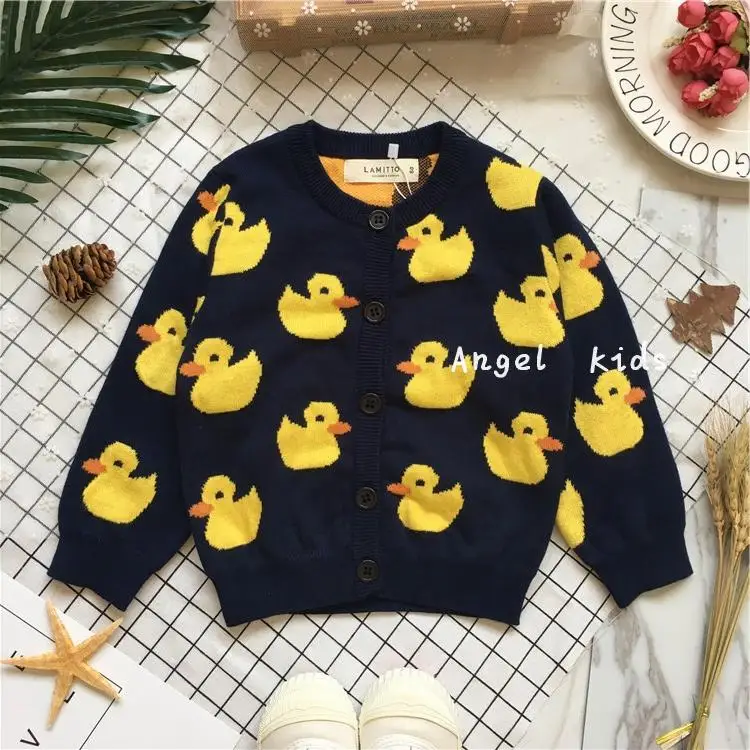Tonytaobaby/Новинка зимы; Детский кардиган для мальчиков и девочек с изображением маленькой утки; вязаный плюшевый свитер из чистого хлопка