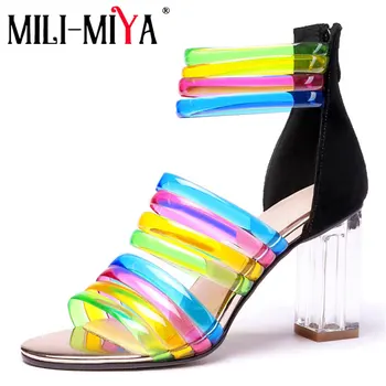 

MILI-MIYA New Fashion Women Mixed Color Sandals Sexy Peep Toe Transparent High Heels Party Wedding Shoes Large Size 34-45