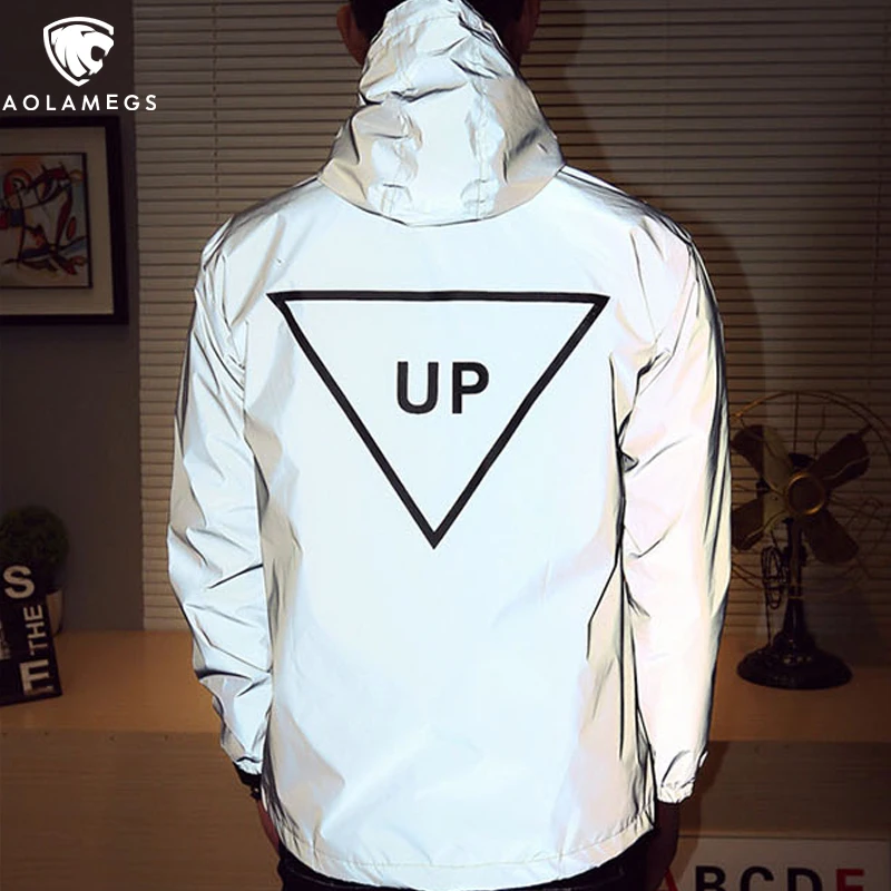 

Aolamegs Casual Jacket Men Reflective Windbreaker Jacket Tide Brand Men Women Coat Hooded Fluorescent Couple Hip Hop Clothing