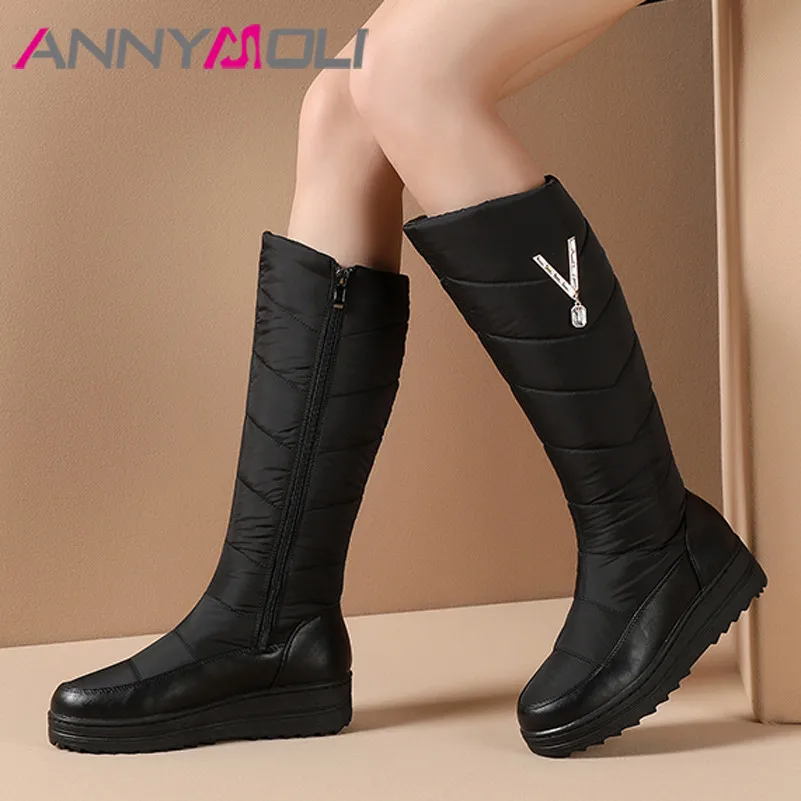 

ANNYMOLI Flat Platform Knee High Boots Woman Crystal Snow Boots Round Toe Long Boots Zipper Female Shoes Winter Warm Wine Red 44
