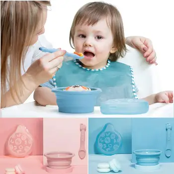 

3pcs/set Folding Baby Tableware Set Bowl Spoon Storage Box Silicone Outdoor Picnic Feeding Utensils