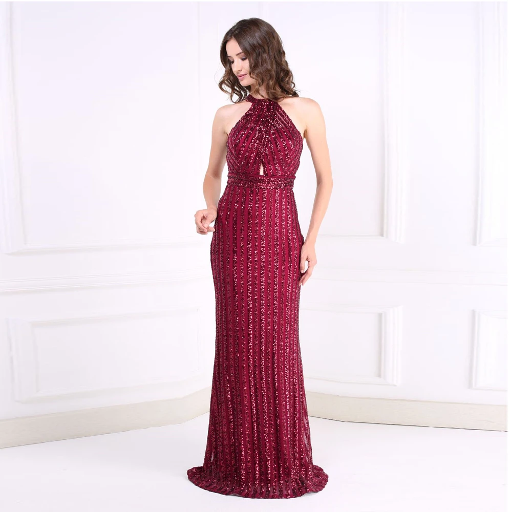 

Burgundy Glittered Cross Halter Maxi Dress Hollow Out Sleeveless Floor Length Striped Empire Night Praty Dress