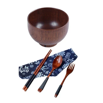 

1Pcs Wooden Bowls Wooden Soup Bowl & 1 Set Japanese Vintage Wooden Chopsticks Spoon Fork Tableware