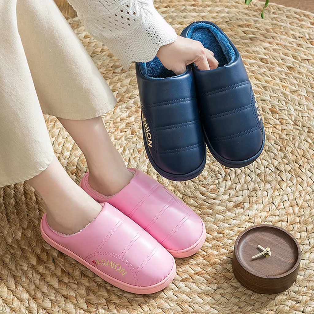 Winter Warm Leather Home Slipper Shoes Woman New Arrival Flat Non-slip Indoor Slipper Woman Shoes Plus Velvet Large Size Slipper