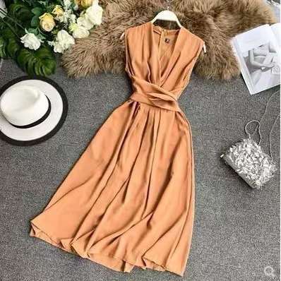 43690-Khaki Neploe Сексуальное Женское Платье Лето v-образный вырез без рукавов вечерние платья французский шик крест шнурок тонкая талия Vestidos 43690 - Цвет: 43690-Khaki