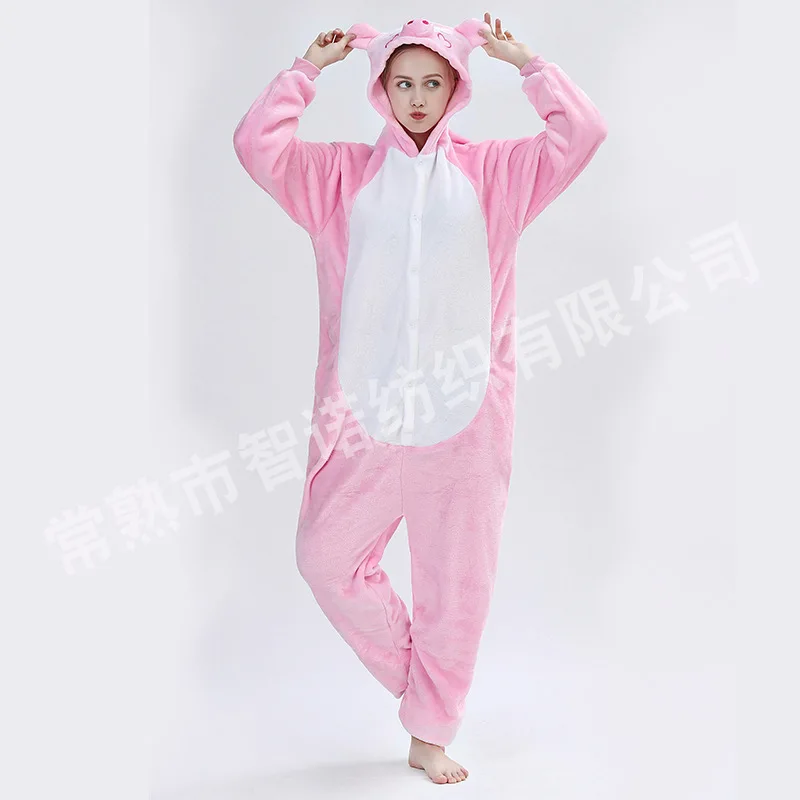 

New Style Pink Pig Thick Cartoon Animal One-piece Pajama Flannel Autumn And Winter Adult Pajamas Men And Women Couples Home Wear