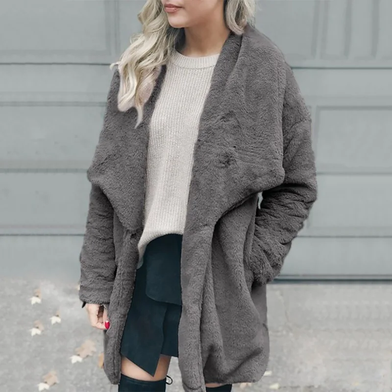 Женские длинные большие искусственный мех пальто с карманами осень зима толстые теплые однотонные куртки с длинными рукавами Модная элегантная уличная одежда - Цвет: Серый