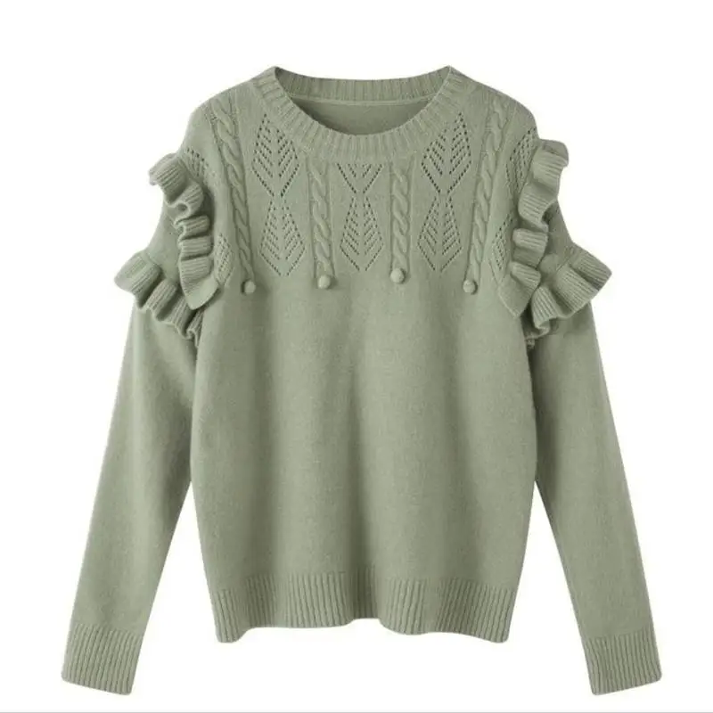 Женский осенне-зимний винтажный вязаный свитер с оборками, Женский пуловер с круглым вырезом и длинным рукавом, шикарные топы, милые Джемперы, топы N239