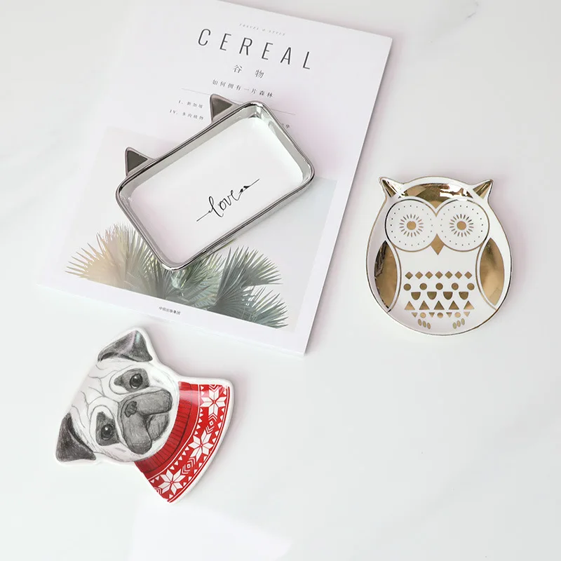 

Nordic Style Owl Ceramic Dish Cactus Decorative Jewelry Small Jewelry Plate Jewelry Storage Tray Desktop Bronzing Ornaments