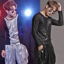 Мужская футболка с длинными рукавами и блестками; костюм для джазовых танцев; одежда для мужчин и певиц в ночном клубе; одежда для уличных танцев в стиле хип-хоп; DWY2714