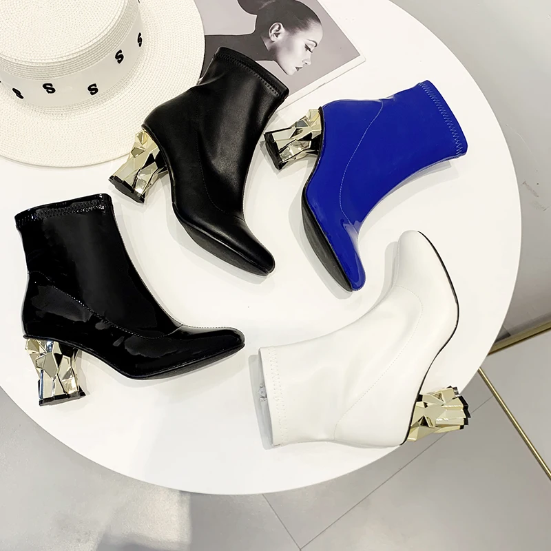 

Shoes Women Strange High Heels Ankle Boots Zip Round Toe Short Boot Ladies Fashion Autumn Zapatos De Mujer Black Blue White
