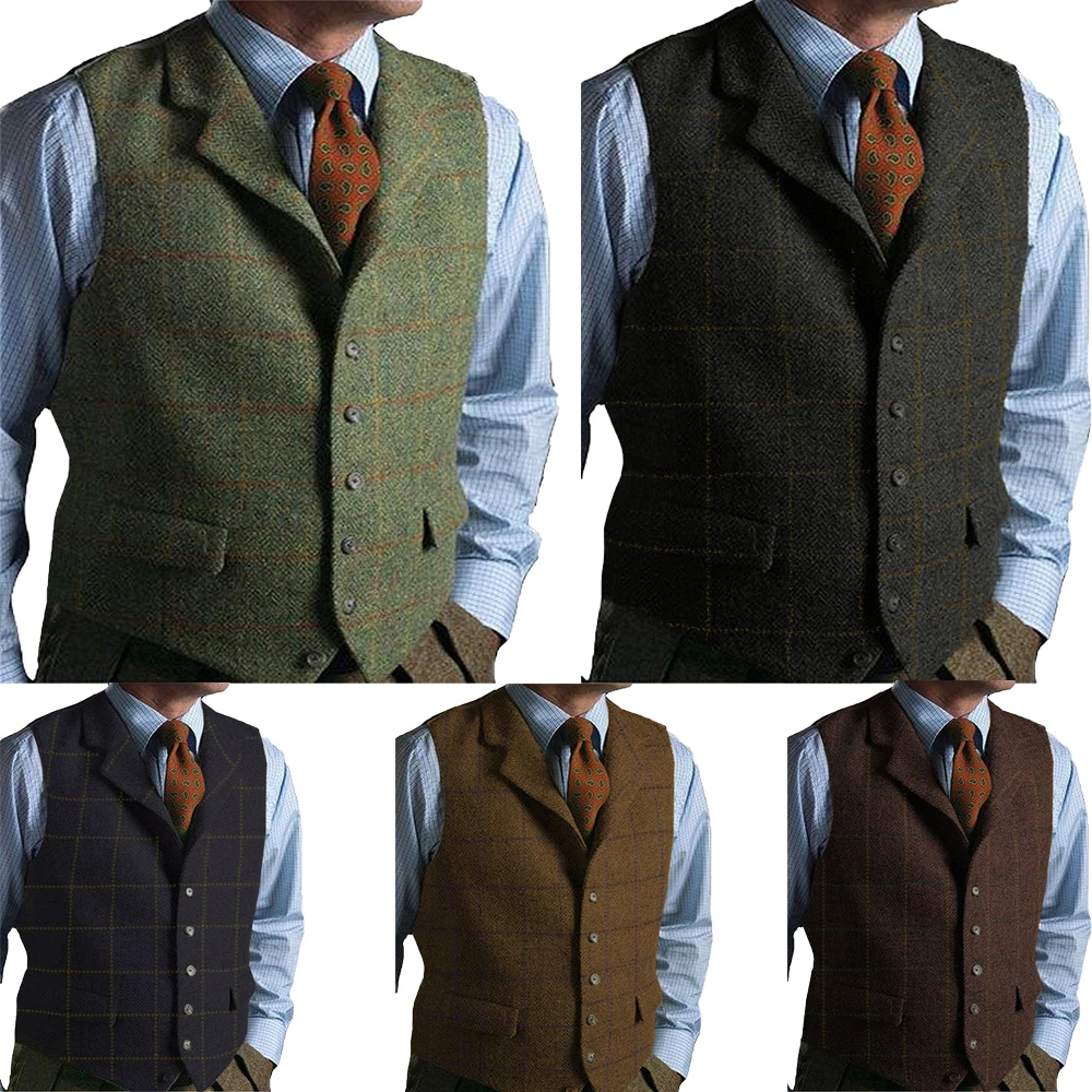 Green-Casual-Gentleman-Men-s-Plaid-Soft-Wool-Jacket-Vest-Tweed-Business ...