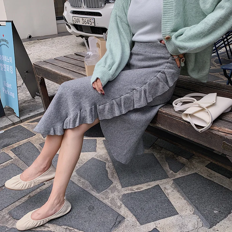 

Photo Shoot 2019 Autumn And Winter New Style Korean-style Flounced Joint Irregular Hem Mid-length Knitted Skirt Women's