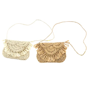 

2 Pcs Tassel Straw Bag Paper Rope Hook Flower Big Flip Hand-Women Bag Casual Handbag Beach Bag, 1 Pcs Brown & 1 Pcs Beige