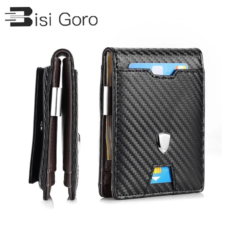 

BISI GORO 2020 Multifunctional Wallet Men Fashion Carbon Fiber Card Holder Women RFID Blocking Case Protector PU Leather Purse