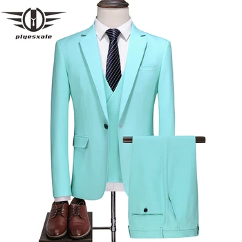 

Plyesxale Turquoise Groom Wedding Suit Men New Spring Autumn Prom Suits For Men High Quality 3 Piece Stage Costume Homme Q712