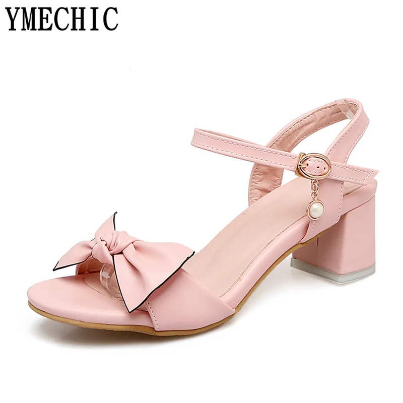 

Womens Sandals Butterfly-knot Lovely Cute Young Lady's Summer Shoes Med Chunky Heels Pink White Ladies Sandals Size Plus