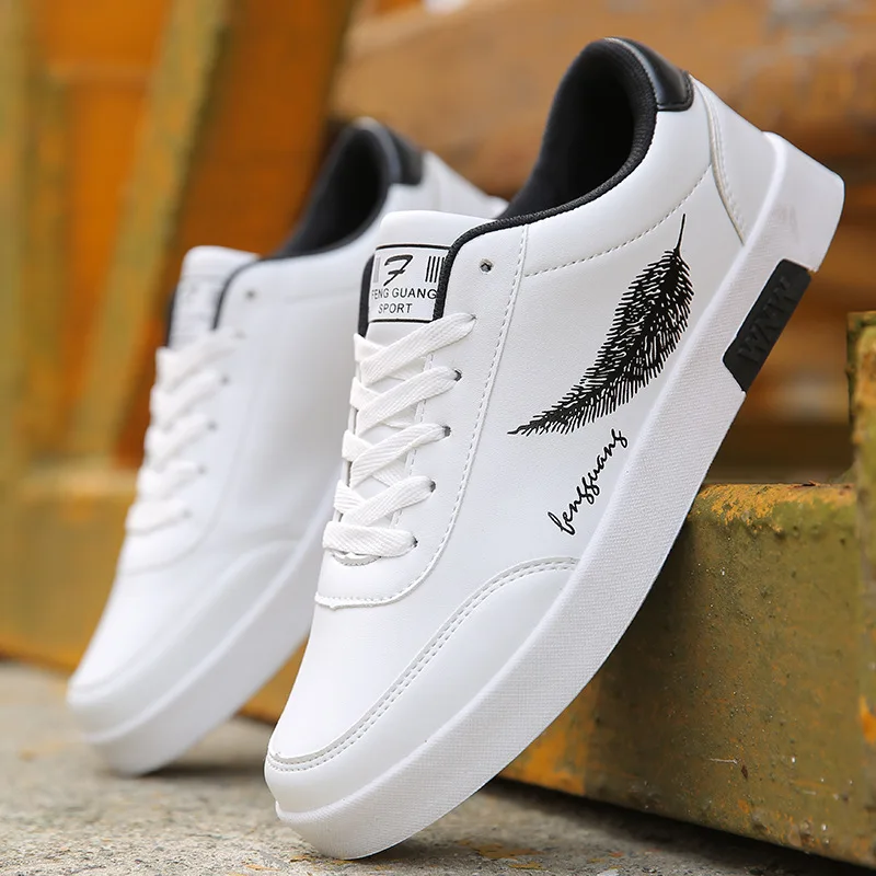 Autumn Shoes White Mens Sneakers Feather Print Men Leather Shoes Black Boys College Student Shoes - AliExpress