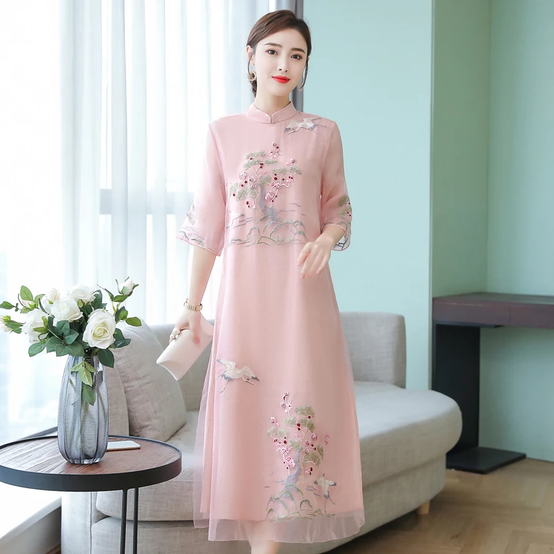 

Chinese Styles Vintage Women Hanfu Midi Qipao Dresses China Traditional Elegant Cheongsam Tang Suit New Robe Orientale Clothing