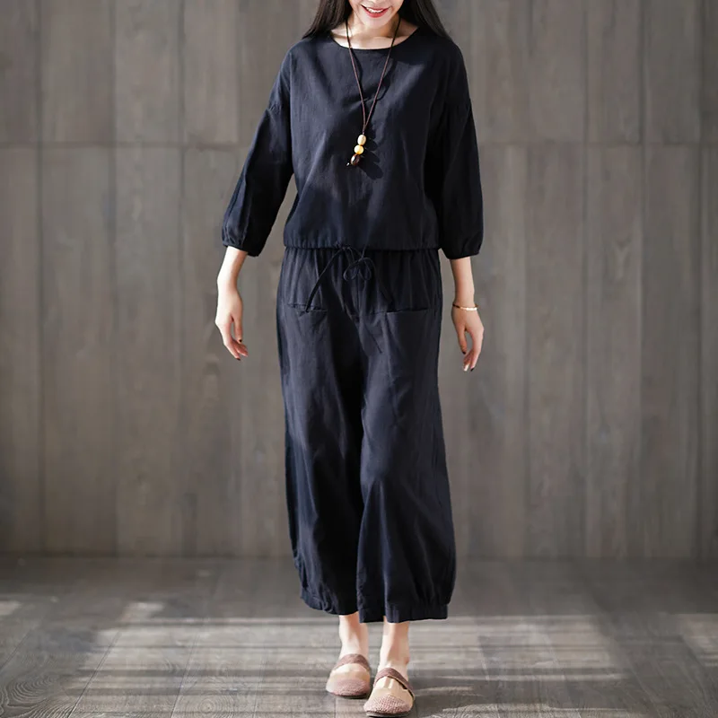 

Cotton Linen Set Summer 2019 New Casual Loose And Plus-sized Literature And Art Capri Pants Flax Two-Piece Set