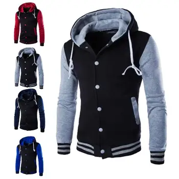 

Casual Men Color Block Slim Warm Button up Baseball Jacket Hooded Coat Outwear Men's winter pattern patchwork hoodie