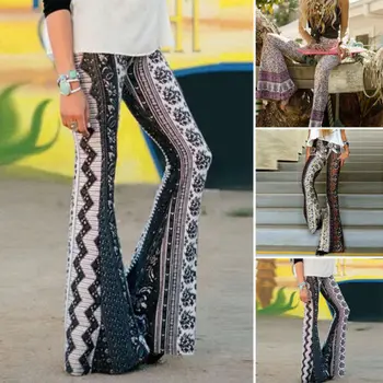 

Summer Women's Boho Wide Leg Pants Hippie High Waist Printed Long Flared Bell Bottom Pants Trousers Sweatpants