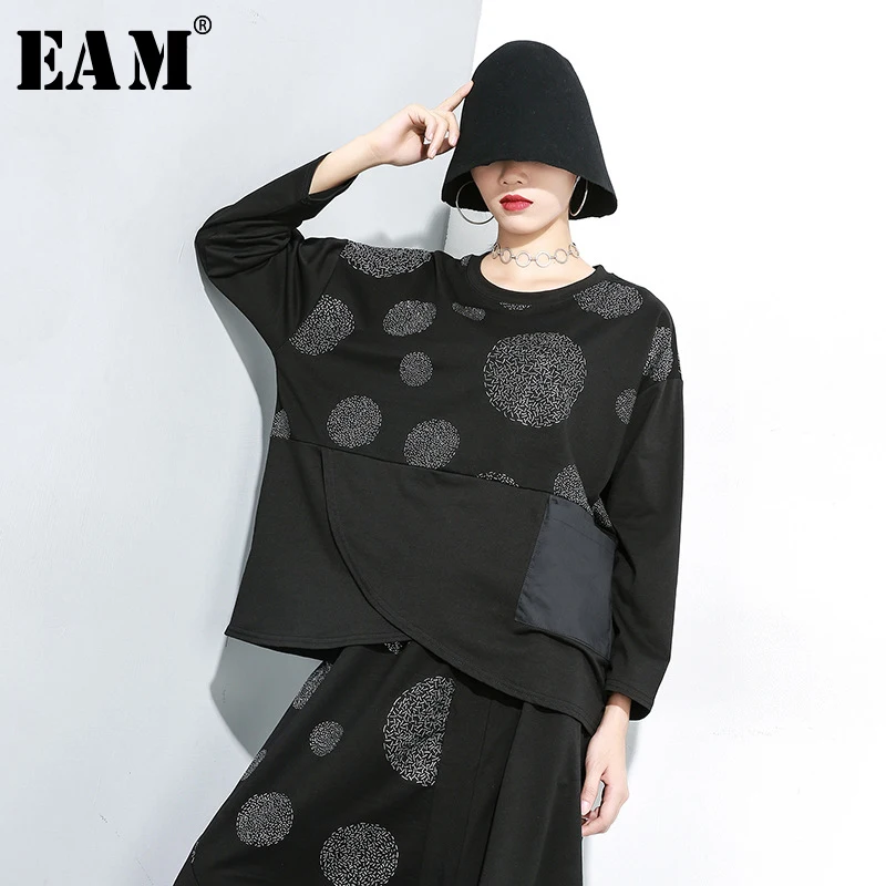 

[EAM] Women Dot Pattern Print Split Joint Big Size T-shirt New Round Neck Long Sleeve Fashion Tide Spring Autumn 2020 1K001