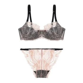 

Hollow Sexy Bra Ultrathin Underwear Set Plus Size C D Cup Women Transparent Bra Sets Lace Embroidery Lingerie Gray Brassiere