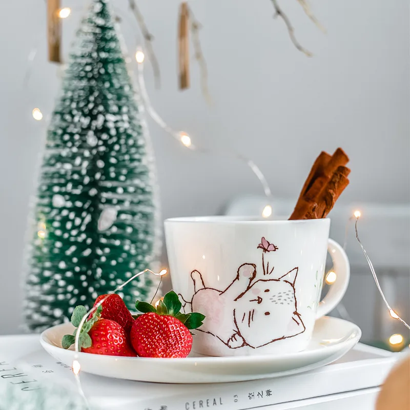 Набор кружек из 2 предметов с мультяшным розовым котом, керамическая посуда, кружка чашка для воды Рождественская столовая посуда(8 дюймовая пластина+ 450 рюмка, мл