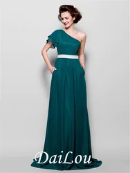 A-Line One Shoulder Sweep / Brush Train Chiffon Bridesmaid Dress with Sash / Ribbon / Crystals / Pocket 2021