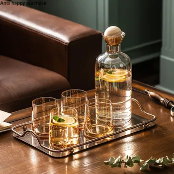 

Nordic Amber Transparent Glass Cup Kettle Set Cold Kettle 5 Piece Set with Wooden Cover with Metal Tray Heat-resistant Container