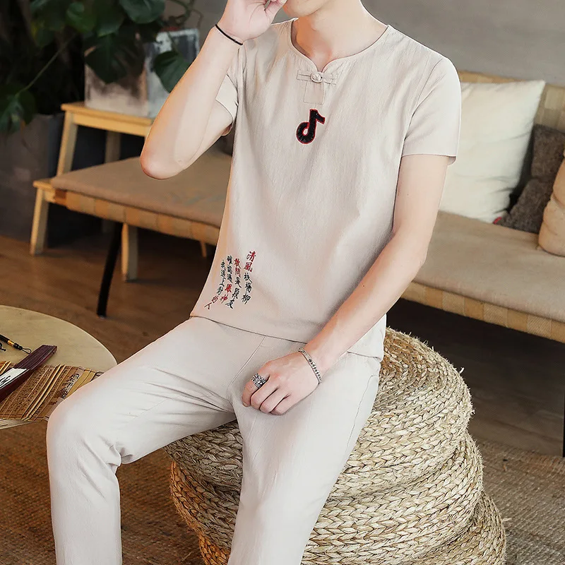 

Flax Set Men's Summer Youth Men on Clothes Large Size Loose-Fit Chinese-style Trend Cotton Linen Short Sleeve T-shirt