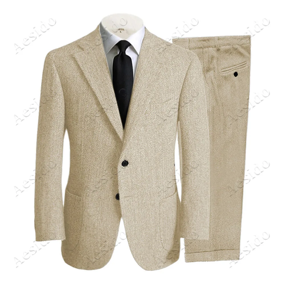 Aesido повседневные мужские костюмы Slim Fit 2 шт Шерсть Твид елочка буниснесс пиджак Выпускной Блейзер брюки классический костюм для свадьбы - Цвет: Champagne