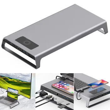 

2019 Aluminum Monitor Stand Docking Station with USB C Hub Support 4K HDMI VGA TF Card Wireless Charge H-best