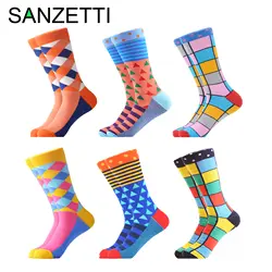 SANZETTI/6 пара/лот, мужские Разноцветные Повседневные носки из чесаного хлопка, свадебные носки с надписью «Happy Crew», забавные яркие носки в