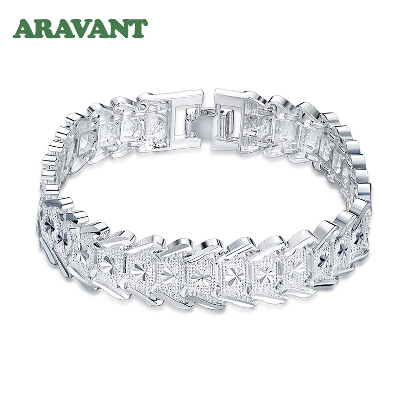

925 Silver Vintage Big Wide Carved Chain Bracelet For Women Fashion Wedding Jewelry