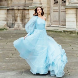 Fivsole Elegant Blue One Shoulder Long Prom Dresses A-Line Wedding Party Dress Tulle Formal Evening Gown