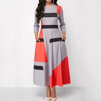 

Geometric Patchwork Women Long Dress Spring Long Sleeve African Plus Size Prom Party Dresses High Waist Robe Office Vestiods