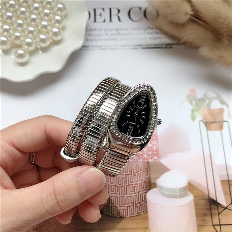 silver-black Модные женские часы со змеиным браслетом, часы с бесконечным браслетом, модные брендовые кварцевые часы для девочек, Religios Reloj Montre femme - Цвет: silver-black