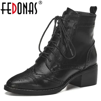 

FEDONAS Brogue Genuine Leather Female Short Boots Winter Newest Women Zipper Ankle Boots Party Basic Shoes Woman Square Heels