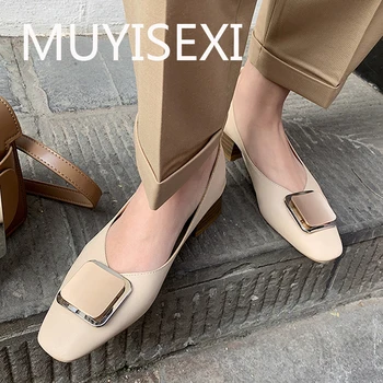 

4cm med heels pumps genuine leather square toe elegant women office lady dating spring shoes comfortable MMM14 MUYISEXI