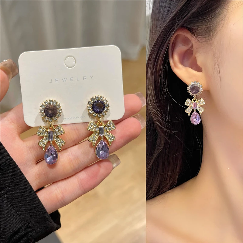 Pendientes coreanos de lujo con diamantes de imitación para mujer, aretes femeninos con Clip de lazo, color morado, sin Piercing|Pendientes de - AliExpress