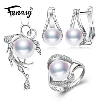 

FENASY 925 Sterling Silver Jewelry Sets Natural Pearl Stud Earrings Custom Wedding Pendant Chain Necklace For Women