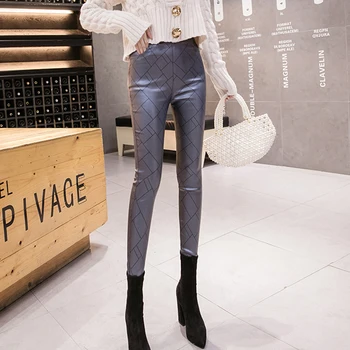 

shintimes Elastic Waist High Waist Plaid Skinny Trousers Autumn Office Lady Elegant Slim Fit Vertical Women Black Pencil Pants