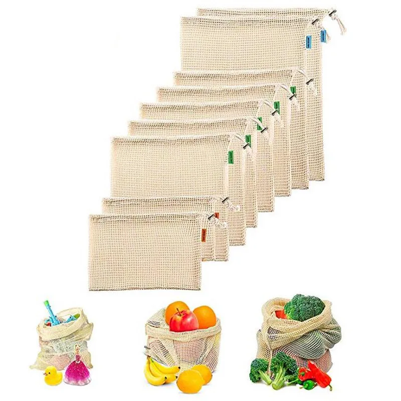 

Familysky Reusable Cotton Vegetable Bags Home Kitchen Fruit And Vegetable Storage Mesh Bags With Drawstring Machine Washable