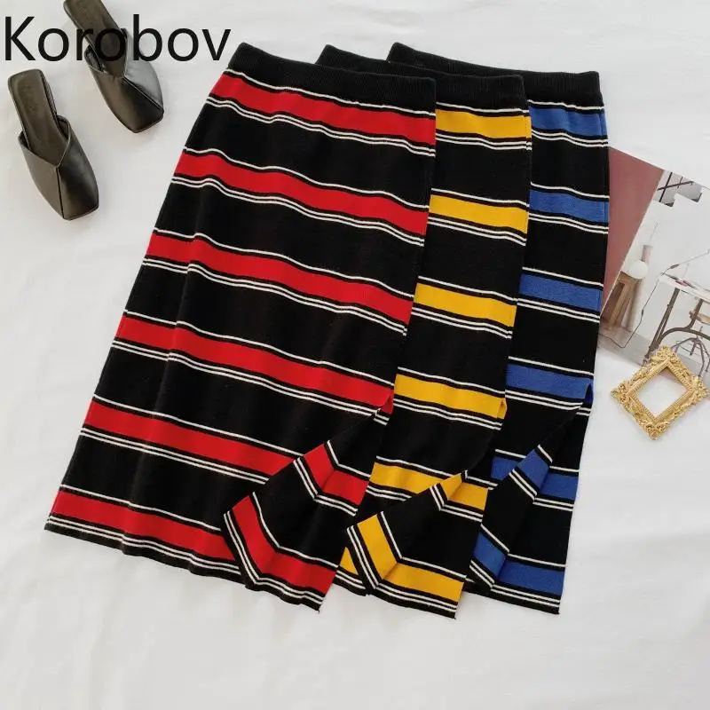 

Korobov Vintage High Waist A-Line Women Skirts Korean OL Striped Hit Color Patchwork Saia Slim Knit Split Falda Skirt 78827