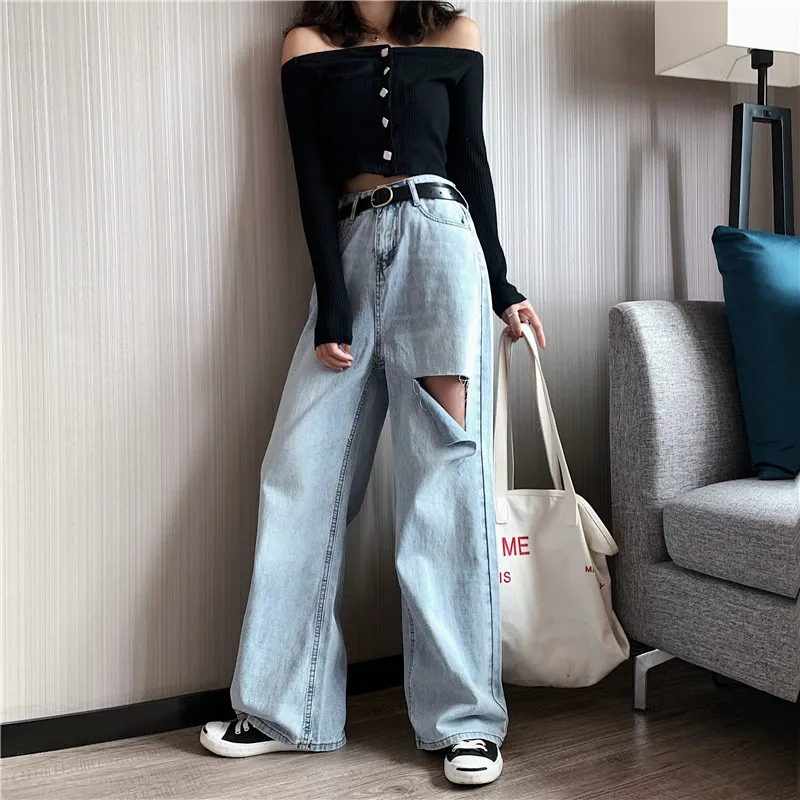 

Woman Jeans Ripped High Waist Clothes Wide Leg Denim Clothing Streetwear Vintage Quality Nice Vogue Harajuku Straight Pants