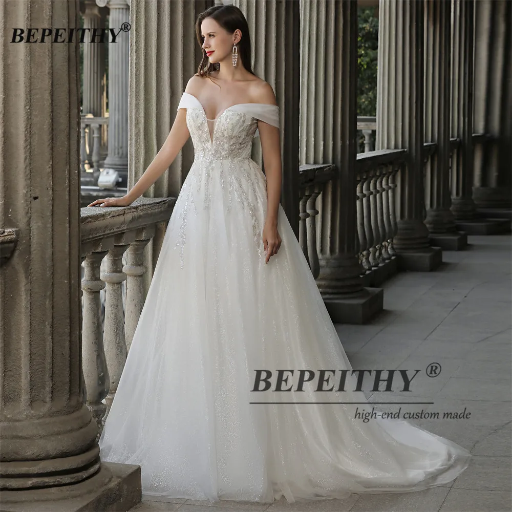 Wedding Dresses BEPEITHYOff The Shoulder Boho Wedding Dress For Women Bride A Line Chic Beading Bohemian Bridal Beach Gown Robes