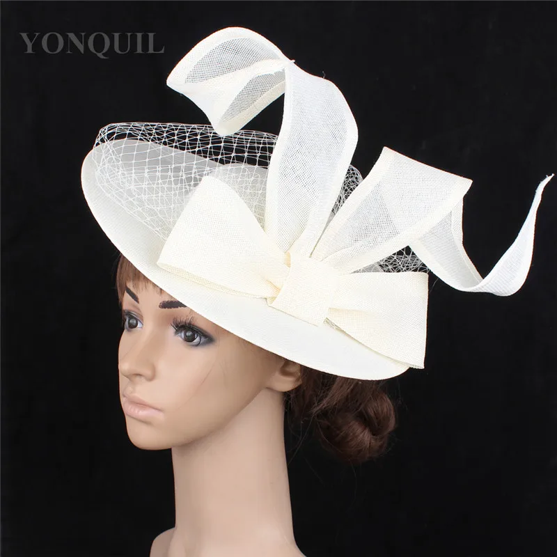 Big White Fascinator Hats With Birdcage Veil Bride Weddings Velling Headpiece Netting Hairbands Occasion Headwear
